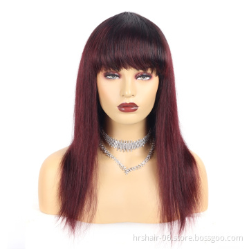 Wholesale Ombre 1b/99j Color Raw Brazilian Virgin Hair Silky Straight Wig Cuticle Aligned Brazilian Human Hair Wigs with bangs